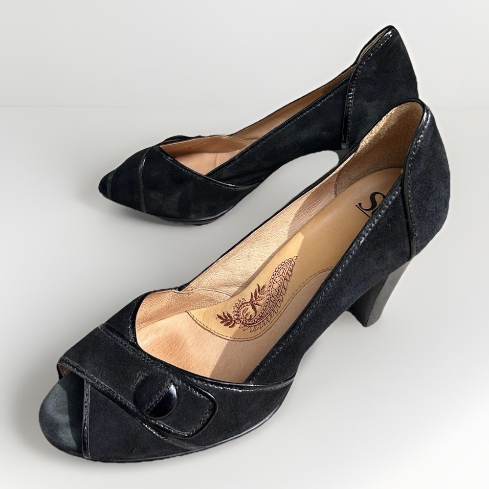Sofft Womens Black Suede Peep Toe Pumps Patent Trim Cone Heel Size 10M Career
